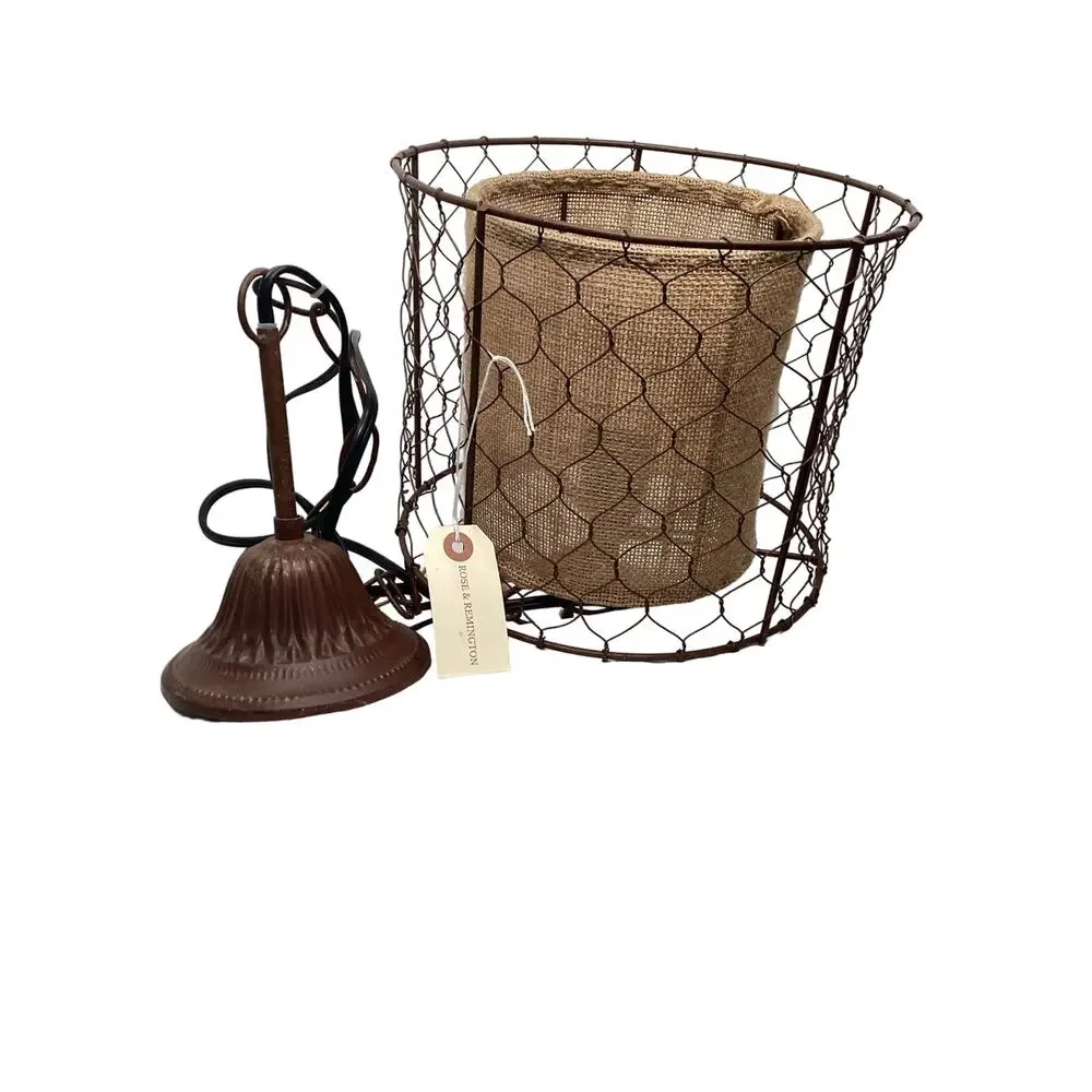 Farmhouse Pendant Light Lamp Rustic Chicken Wire Shade with Burlap Center‎ Brown